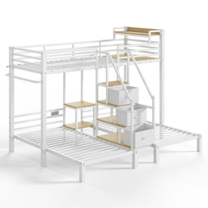 English Elm Twin Over Triple Heavy Duty Metal Bunk Bed with Storage Stair Drawers for Kids White W5305S00227