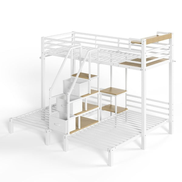 English Elm Twin Over Triple Heavy Duty Metal Bunk Bed with Storage Stair Drawers for Kids White W5305S00227