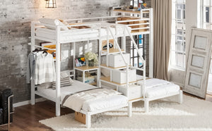 English Elm Twin Over Triple Heavy Duty Metal Bunk Bed with Storage Stair Drawers for Kids White W5305S00227