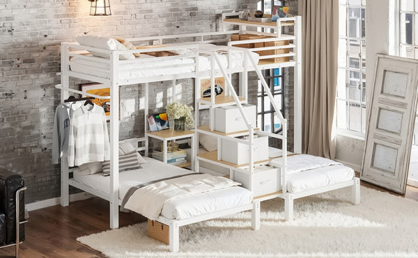 English Elm Twin Over Triple Heavy Duty Metal Bunk Bed with Storage Stair Drawers for Kids White W5305S00227