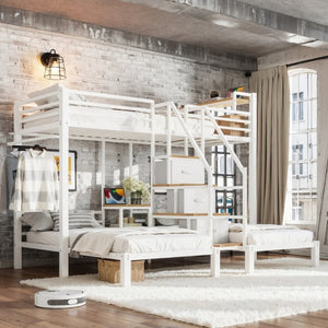 English Elm Twin Over Triple Heavy Duty Metal Bunk Bed with Storage Stair Drawers for Kids White W5305S00227
