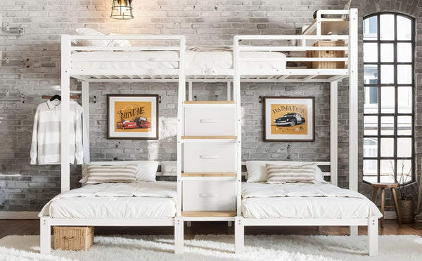 English Elm Twin Over Triple Heavy Duty Metal Bunk Bed with Storage Stair Drawers for Kids White W5305S00227