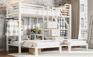 English Elm Twin Over Triple Heavy Duty Metal Bunk Bed with Storage Stair Drawers for Kids White W5305S00227