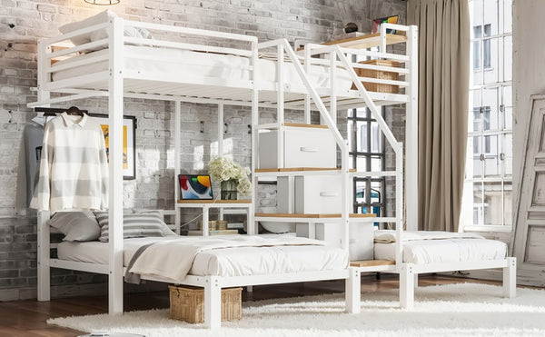 English Elm Twin Over Triple Heavy Duty Metal Bunk Bed with Storage Stair Drawers for Kids White W5305S00227