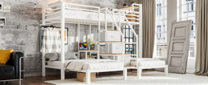 English Elm Twin Over Triple Heavy Duty Metal Bunk Bed with Storage Stair Drawers for Kids White W5305S00227