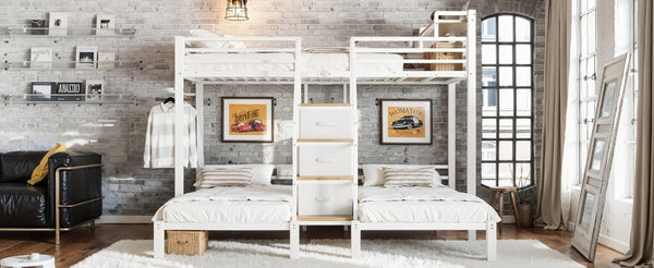 English Elm Twin Over Triple Heavy Duty Metal Bunk Bed with Storage Stair Drawers for Kids White W5305S00227