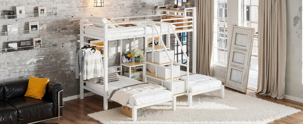 English Elm Twin Over Triple Heavy Duty Metal Bunk Bed with Storage Stair Drawers for Kids White W5305S00227