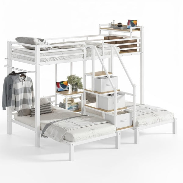 English Elm Twin Over Triple Heavy Duty Metal Bunk Bed with Storage Stair Drawers for Kids White W5305S00227