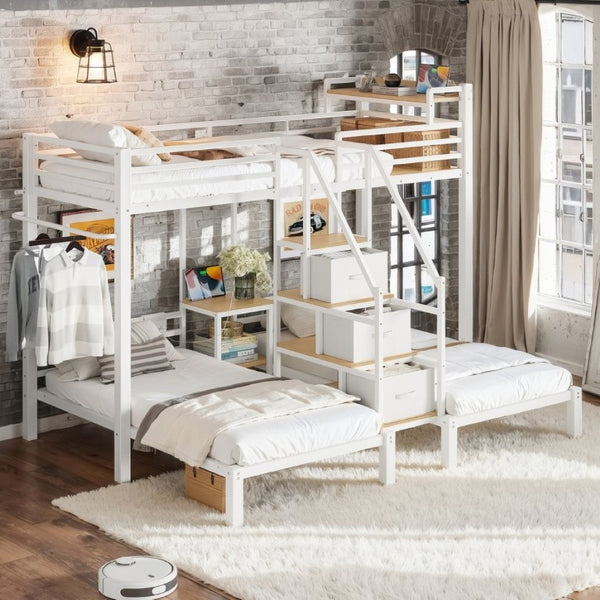 English Elm Twin Over Triple Heavy Duty Metal Bunk Bed with Storage Stair Drawers for Kids White W5305S00227