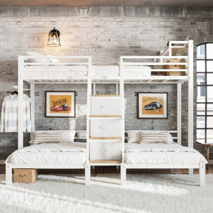 English Elm Twin Over Triple Heavy Duty Metal Bunk Bed with Storage Stair Drawers for Kids White W5305S00227