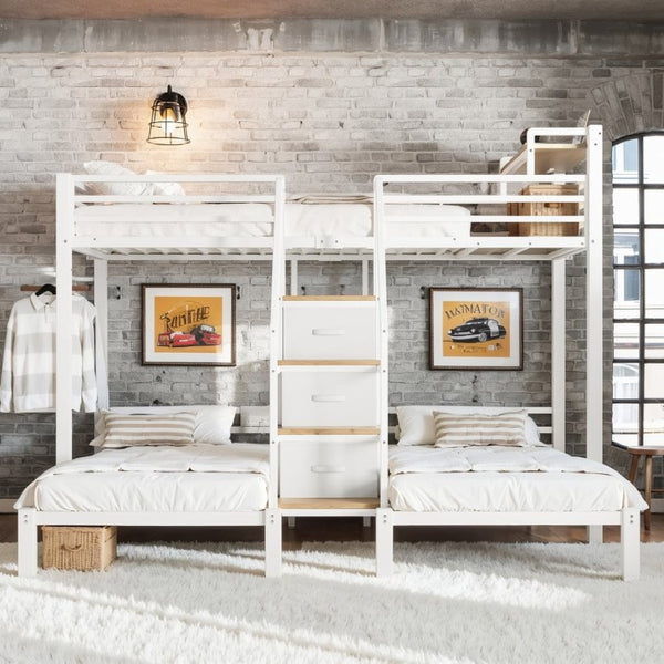 English Elm Twin Over Triple Heavy Duty Metal Bunk Bed with Storage Stair Drawers for Kids White W5305S00227