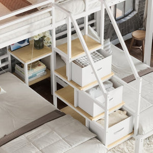 English Elm Twin Over Triple Heavy Duty Metal Bunk Bed with Storage Stair Drawers for Kids White W5305S00227