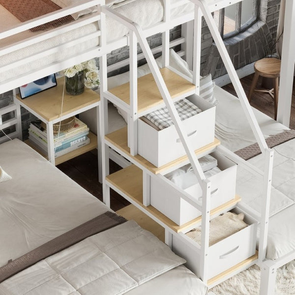 English Elm Twin Over Triple Heavy Duty Metal Bunk Bed with Storage Stair Drawers for Kids White W5305S00227