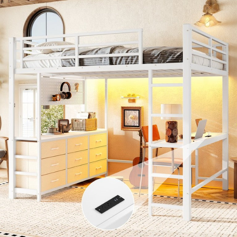 English Elm Full Size Metal Loft Bed with Built-In Desk Storage Stairs and Fabric Drawers Antique White Full 76.77 L x 57.48 W x 55.59 H W5305S00234