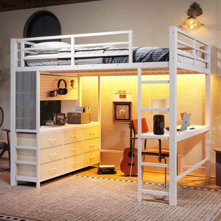 English Elm Full Size Metal Loft Bed with Built-In Desk Storage Stairs and Fabric Drawers Antique White Full 76.77 L x 57.48 W x 55.59 H W5305S00234