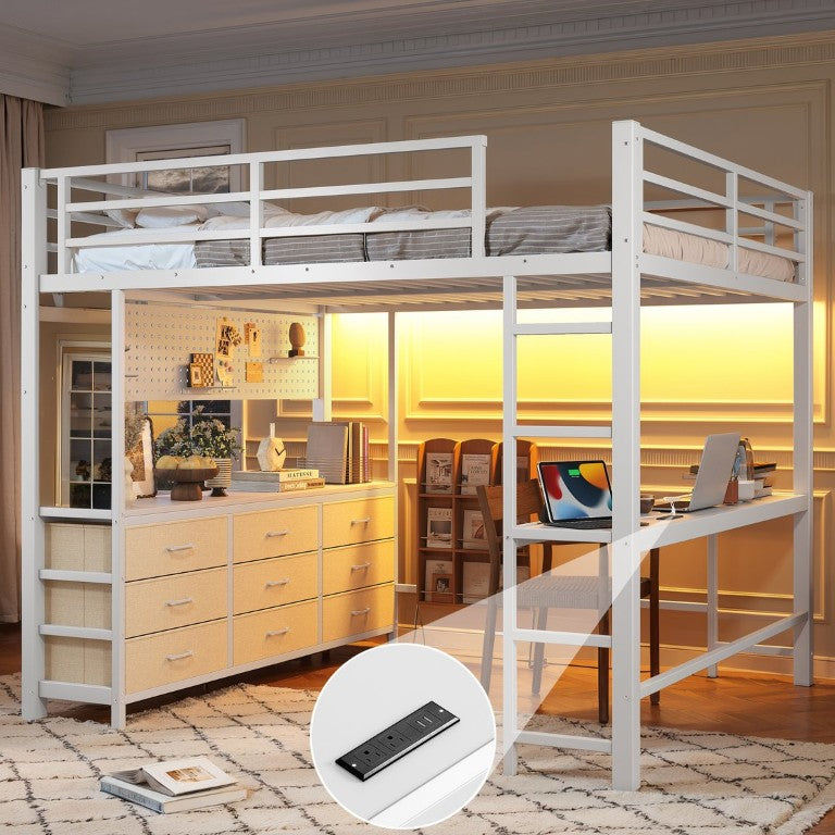 English Elm Queen Metal Loft Bed with Desk Drawers LED Lighting and USB for Teen Bedrooms 81.89 L x 63.78 W x 55.59 H MDF, Metal, Mirror W5305S00236