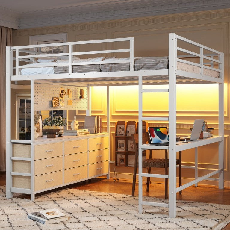 English Elm Queen Metal Loft Bed with Desk Drawers LED Lighting and USB for Teen Bedrooms 81.89 L x 63.78 W x 55.59 H MDF, Metal, Mirror W5305S00236