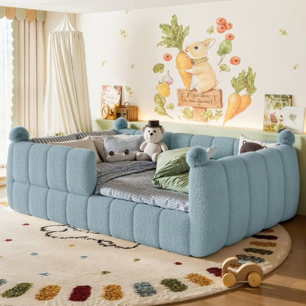 English Elm Full Montessori Floor Bed Cushioned Surround Safety Rails Teddy Fabric Kids Frame Blue W5305S00237