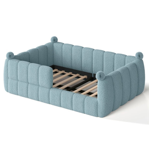 English Elm Full Montessori Floor Bed Cushioned Surround Safety Rails Teddy Fabric Kids Frame Blue W5305S00237