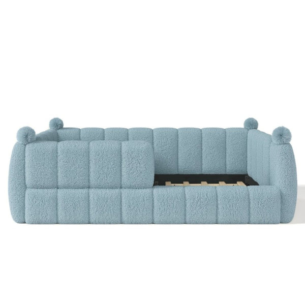 English Elm Full Montessori Floor Bed Cushioned Surround Safety Rails Teddy Fabric Kids Frame Blue W5305S00237