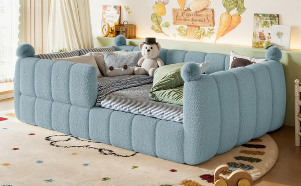 English Elm Full Montessori Floor Bed Cushioned Surround Safety Rails Teddy Fabric Kids Frame Blue W5305S00237