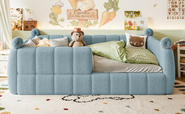 English Elm Full Montessori Floor Bed Cushioned Surround Safety Rails Teddy Fabric Kids Frame Blue W5305S00237