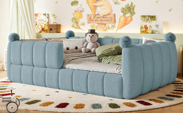 English Elm Full Montessori Floor Bed Cushioned Surround Safety Rails Teddy Fabric Kids Frame Blue W5305S00237
