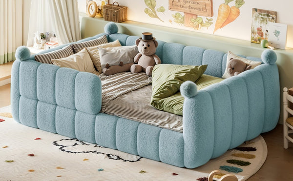English Elm Full Montessori Floor Bed Cushioned Surround Safety Rails Teddy Fabric Kids Frame Blue W5305S00237