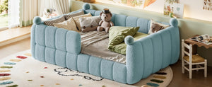English Elm Full Montessori Floor Bed Cushioned Surround Safety Rails Teddy Fabric Kids Frame Blue W5305S00237