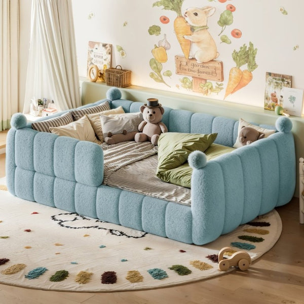 English Elm Full Montessori Floor Bed Cushioned Surround Safety Rails Teddy Fabric Kids Frame Blue W5305S00237