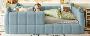 English Elm Full Montessori Floor Bed Cushioned Surround Safety Rails Teddy Fabric Kids Frame Blue W5305S00237