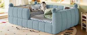 English Elm Full Montessori Floor Bed Cushioned Surround Safety Rails Teddy Fabric Kids Frame Blue W5305S00237