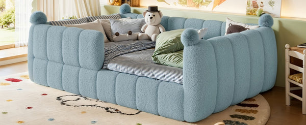 English Elm Full Montessori Floor Bed Cushioned Surround Safety Rails Teddy Fabric Kids Frame Blue W5305S00237