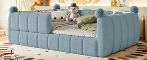English Elm Full Montessori Floor Bed Cushioned Surround Safety Rails Teddy Fabric Kids Frame Blue W5305S00237