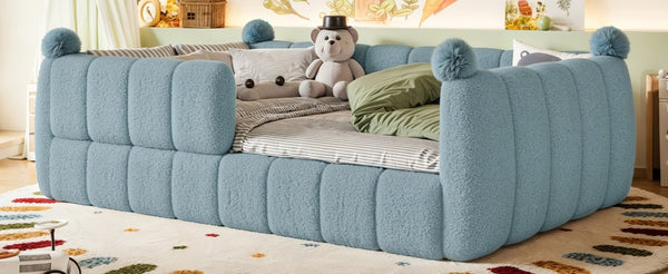 English Elm Full Montessori Floor Bed Cushioned Surround Safety Rails Teddy Fabric Kids Frame Blue W5305S00237