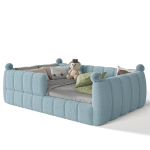 English Elm Full Montessori Floor Bed Cushioned Surround Safety Rails Teddy Fabric Kids Frame Blue W5305S00237