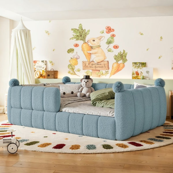 English Elm Full Montessori Floor Bed Cushioned Surround Safety Rails Teddy Fabric Kids Frame Blue W5305S00237