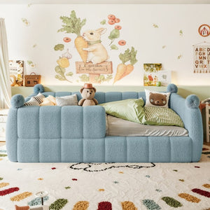 English Elm Full Montessori Floor Bed Cushioned Surround Safety Rails Teddy Fabric Kids Frame Blue W5305S00237