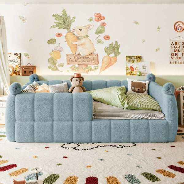 English Elm Full Montessori Floor Bed Cushioned Surround Safety Rails Teddy Fabric Kids Frame Blue W5305S00237