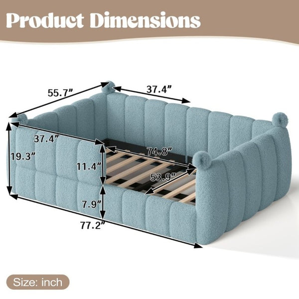 English Elm Full Montessori Floor Bed Cushioned Surround Safety Rails Teddy Fabric Kids Frame Blue W5305S00237