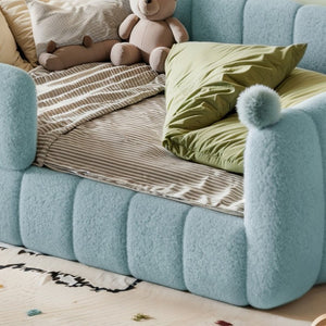English Elm Full Montessori Floor Bed Cushioned Surround Safety Rails Teddy Fabric Kids Frame Blue W5305S00237
