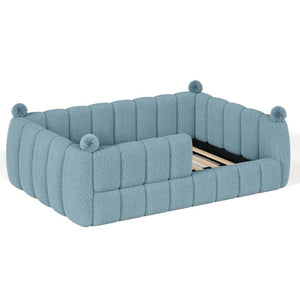 English Elm Full Montessori Floor Bed Cushioned Surround Safety Rails Teddy Fabric Kids Frame Blue W5305S00237