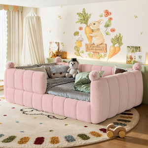 English Elm Full Montessori Floor Bed Cushioned Surround Safety Rails Teddy Fabric Kids Frame Pink W5305S00238