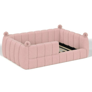 English Elm Full Montessori Floor Bed Cushioned Surround Safety Rails Teddy Fabric Kids Frame Pink W5305S00238