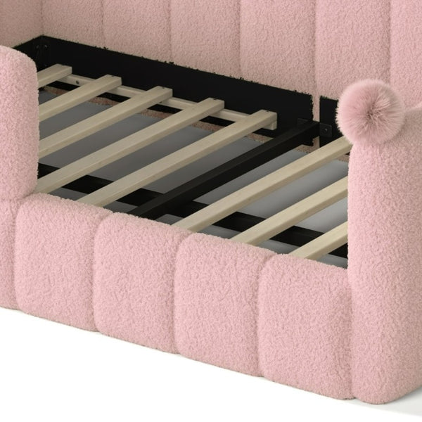 English Elm Full Montessori Floor Bed Cushioned Surround Safety Rails Teddy Fabric Kids Frame Pink W5305S00238
