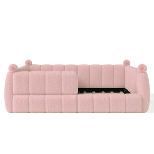 English Elm Full Montessori Floor Bed Cushioned Surround Safety Rails Teddy Fabric Kids Frame Pink W5305S00238
