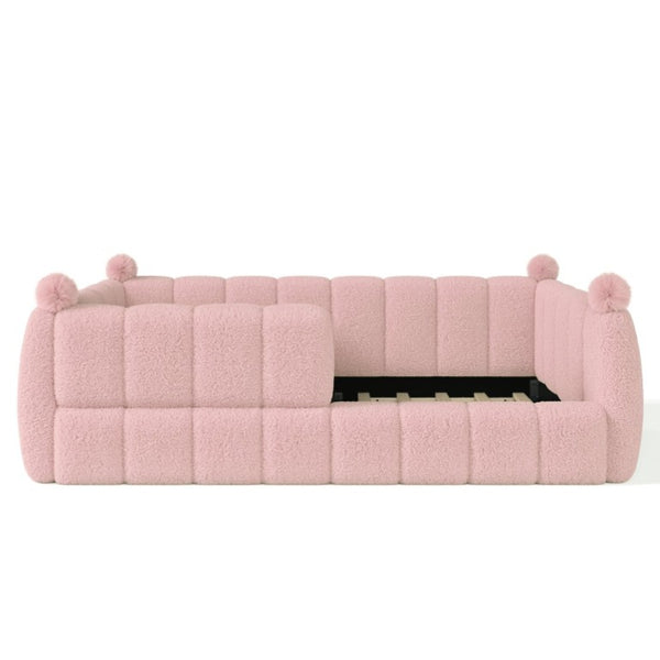 English Elm Full Montessori Floor Bed Cushioned Surround Safety Rails Teddy Fabric Kids Frame Pink W5305S00238