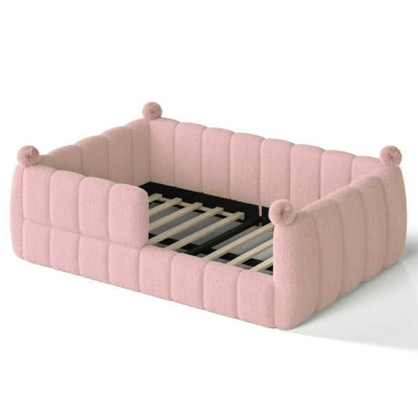 English Elm Full Montessori Floor Bed Cushioned Surround Safety Rails Teddy Fabric Kids Frame Pink W5305S00238