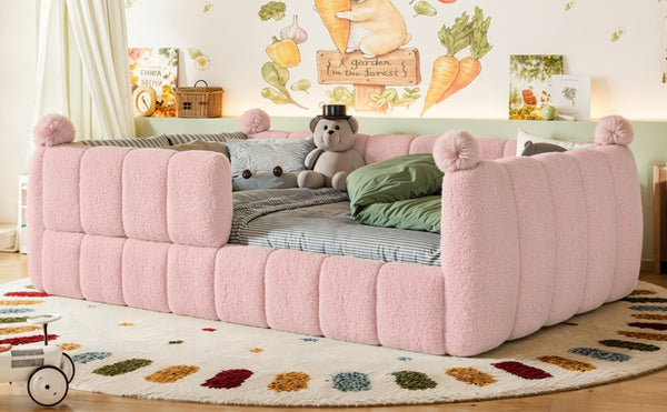 English Elm Full Montessori Floor Bed Cushioned Surround Safety Rails Teddy Fabric Kids Frame Pink W5305S00238