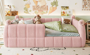 English Elm Full Montessori Floor Bed Cushioned Surround Safety Rails Teddy Fabric Kids Frame Pink W5305S00238
